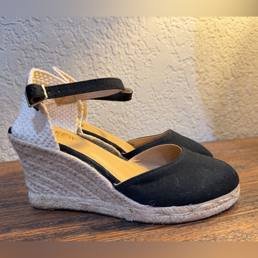 J. Crew Black Canvas Espadrille Wedge Ankle-Strap Sandals - Picture 13 of 16